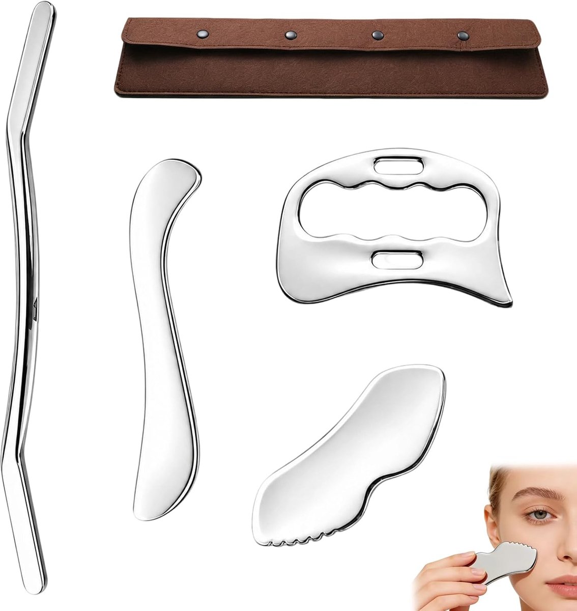 4-in-1 Gua Sha roestvrij staal - fascia-schraper met opbergtas - fascia-schraper voor lichaam, gua sha, fascia-massage, gereedschap voor benen, rug, gezicht, nek