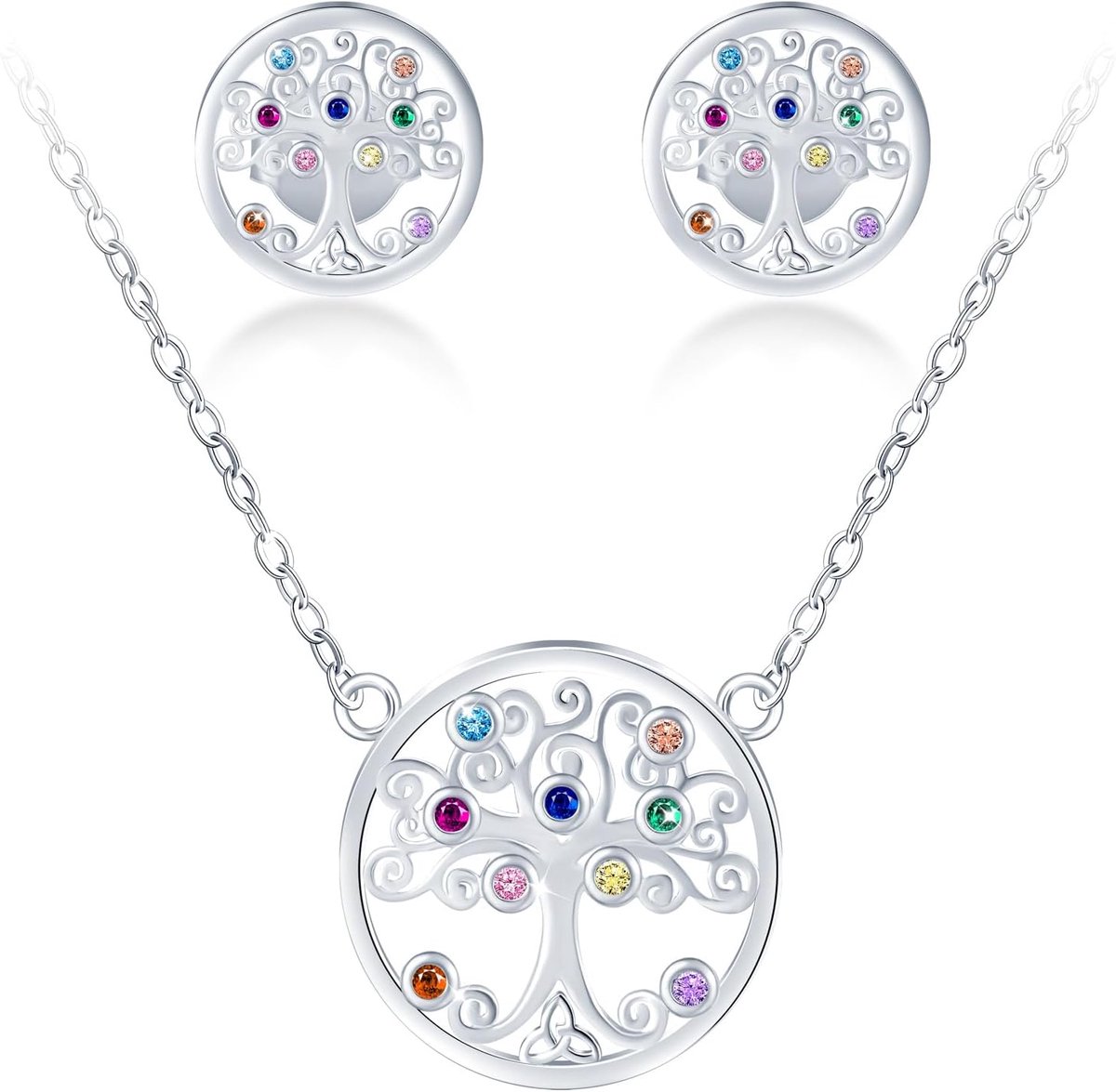 Set van 7 chakra levensboom voor dames, 925 sterling zilver, boom des levens ketting en oorbellen met kleurrijke zirkonia, boom oorstekers en halsketting, set zilveren sieradenset voor vrouwen