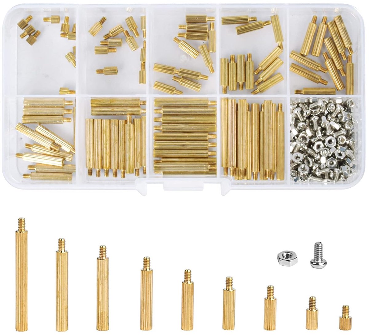 270 stuks zeskant messing afstandhouders schroef moer schroefdraad kolom, M2 afstandhouders zeskant mannelijk vrouwelijk, afstandsmoer schroevenset, M2 standoff messing PCB moederbord assortiment kit