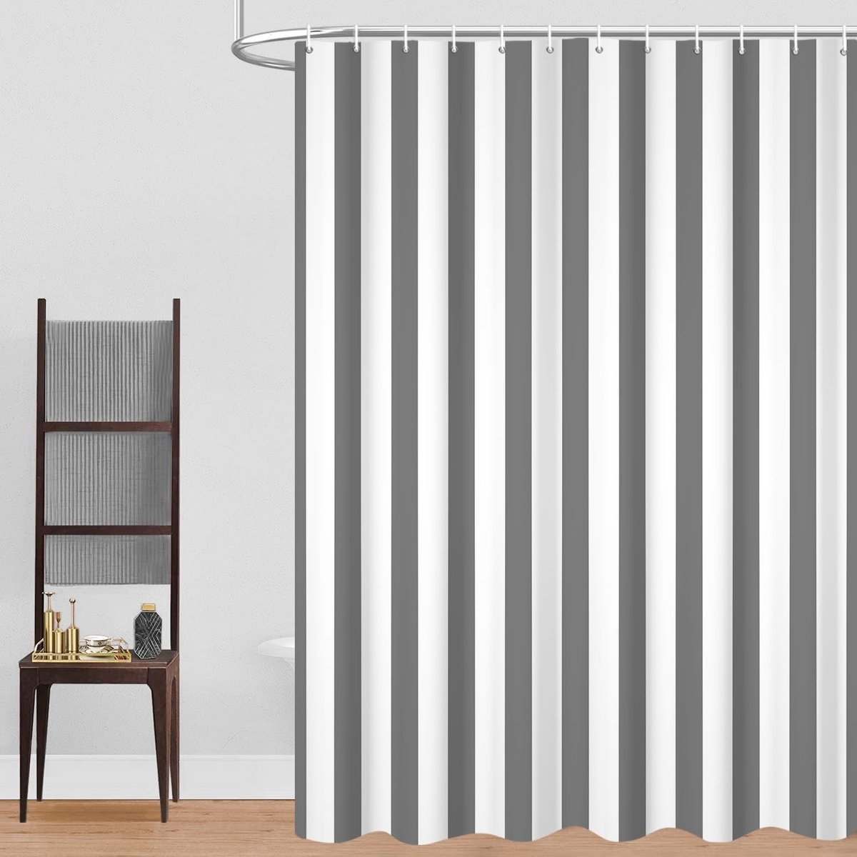 Douchegordijn, 120 x 180 cm, grijs en wit, modern minimalisme, verticale strepen, waterdichte stof, machinewasbaar, badkamergordijn met haak