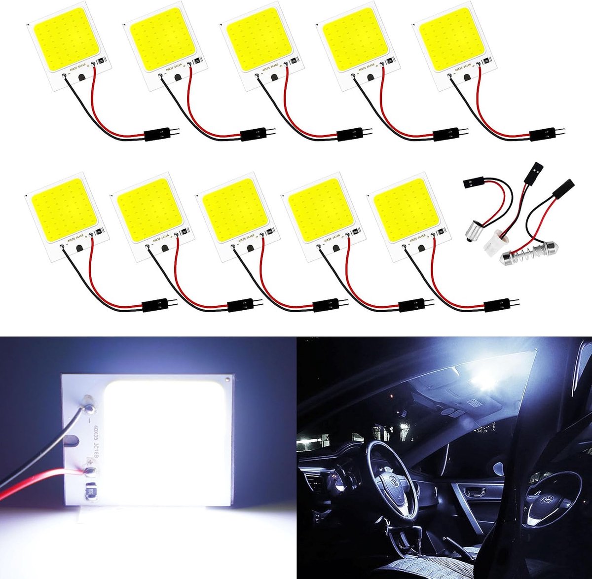 COB 48-SMD LED Panel Dome Lamp Auto Interior Reading, Plate Light, Roof Ceiling, Kaart Lamp met BA9S T10 Festoon Adapters (Pak van 10) | 480LM Heldere Dakverlichting met 3M Kleefstof, Universele Geschikt voor Lezen, Deur, Boot en Kentekenplaatlampen