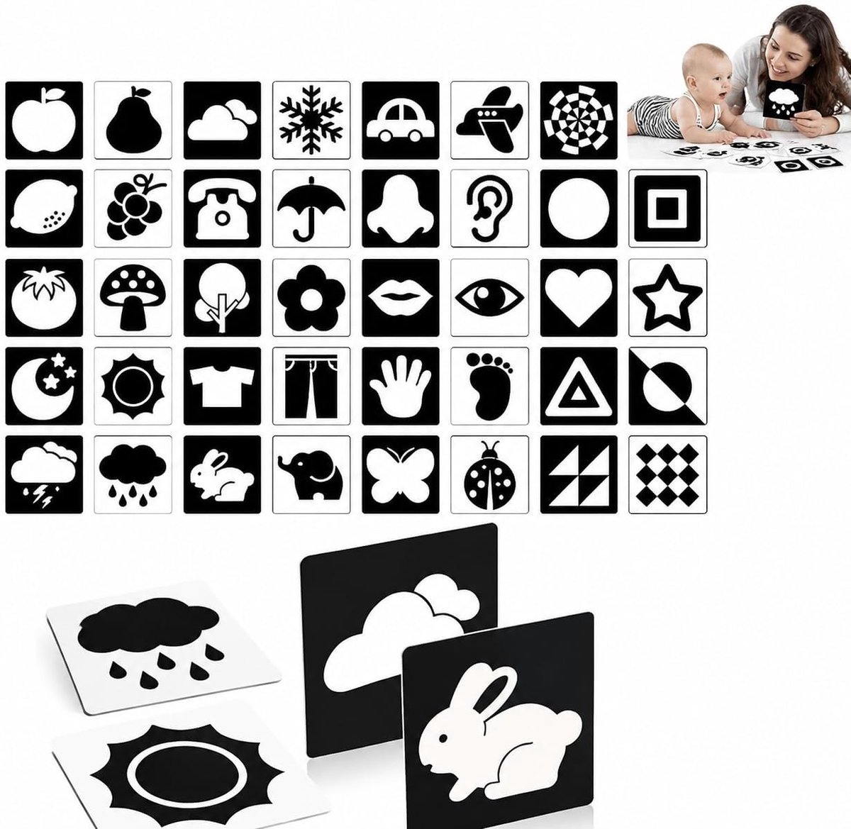 Onderwijskaarten voor baby's - 20 stuks contrastkaarten - visuele stimulatie - ideaal voor pasgeborenen 0-6 maanden - SnelShoppen