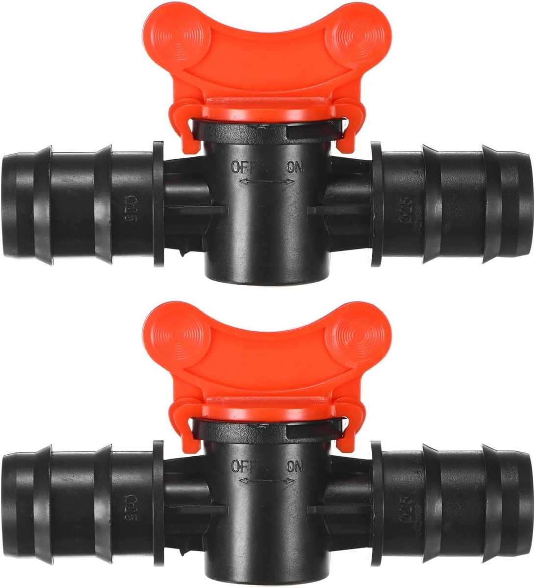 METERXITY Kogelkraan met weerhaken, 2 stuks, voor 1 inch druppelslang, kunststof in-line kogelkraan, afsluitschakelaar voor irrigatie/kas/aquaria, druppelirrigatie-fitting met weerhaken