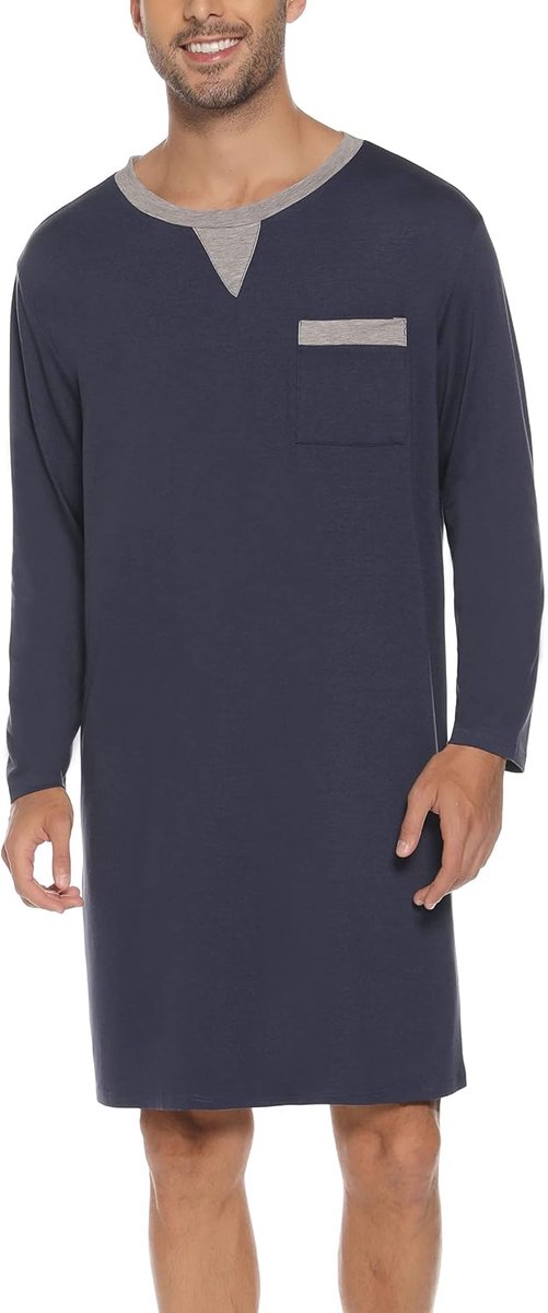 Nachthemd voor heren, katoenen pyjama met lange mouwen, korte mouwen, pyjama-bovenstuk, lang T-shirt, ronde hals met knopen, huiskleding, grote maat, zacht, comfortabel