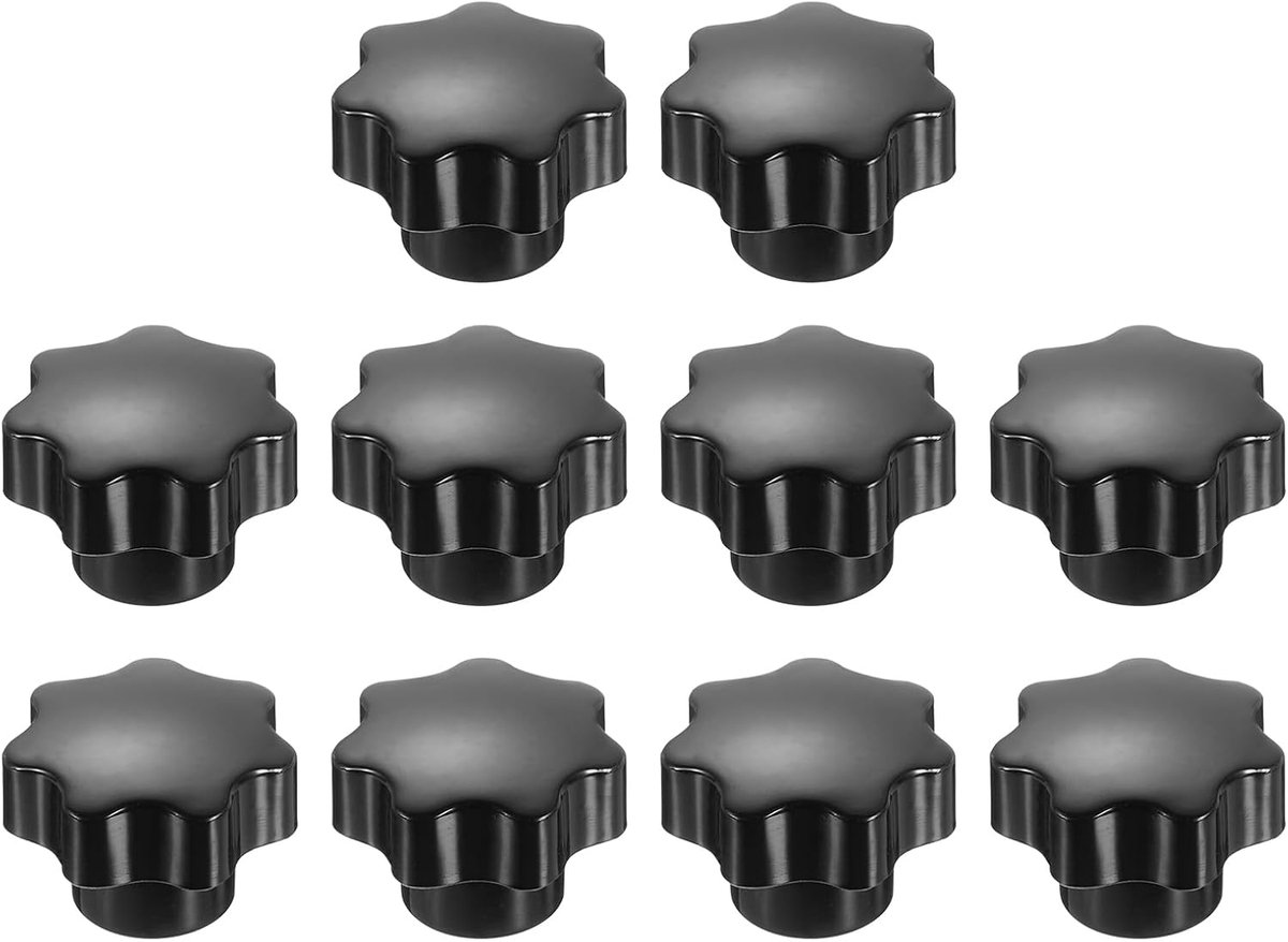 10 stuks klemsterknoppen M6 metrische binnendraad 32 mm, 7-punts ster kunststof kop, niet-doorlopend gat, messing schroefdraad handknopen, jig-knopen, zwart