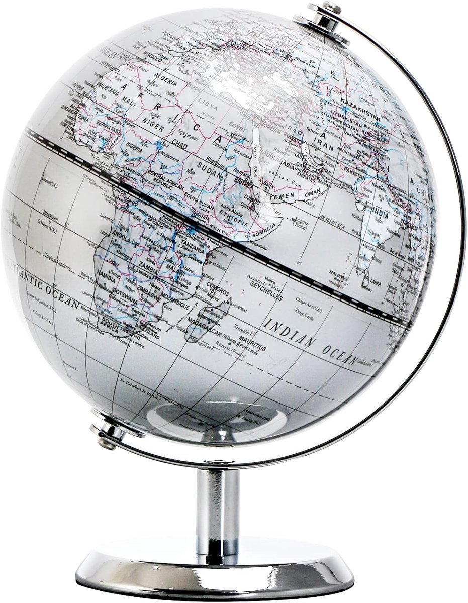 14 cm zilver wereldbol met roestvrijstalen standaard voor thuis | English politieke kaart met transparant Countries Cities en Boundaries voor leren reizen Planning en modern presentatie
