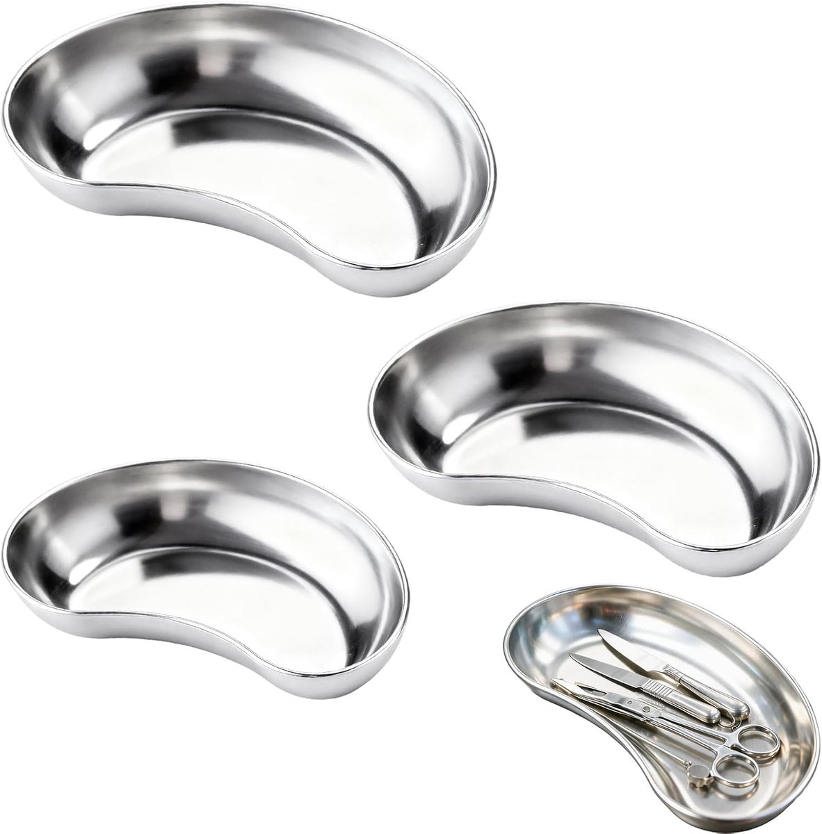 nierbak, 3 stuks nierbakken Curved Trays, roestvrijstalen nierbak, roestvrijstalen medische, herbruikbare bakken voor opslag