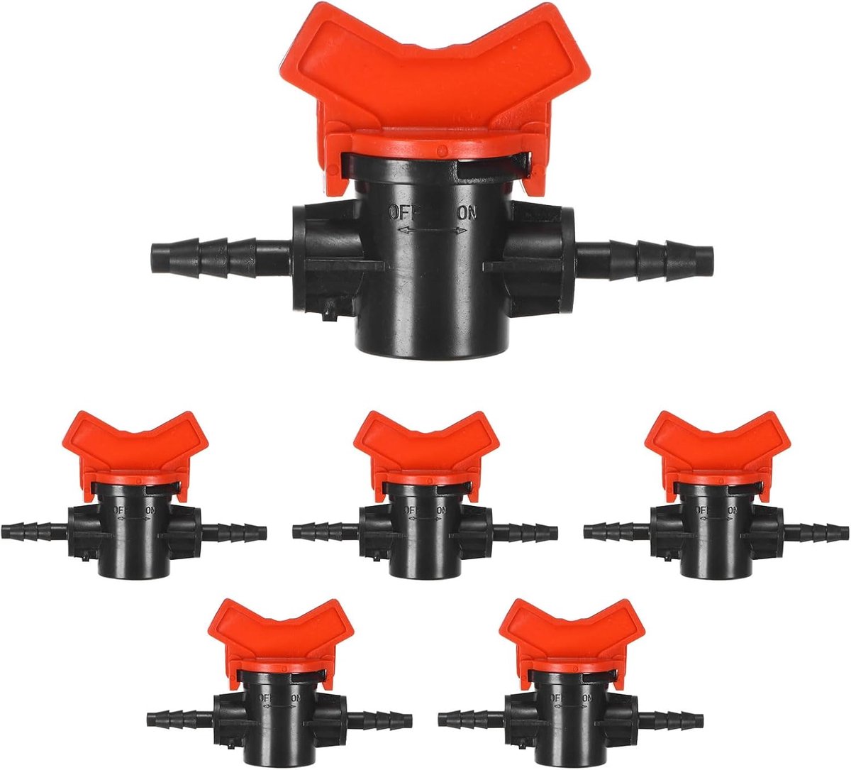 METERXITY Kogelkraan met weerhaken, 6 stuks, voor 1/4 inch druppelslang, kunststof in-line kogelkraan, afsluitschakelaar voor irrigatie/kas/aquaria, druppelirrigatie-fitting met weerhaken