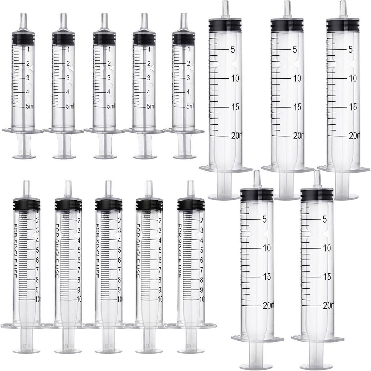 15 stuks spuiten, 5 ml, 10 ml, 20 ml, doseerspuit zonder naald, gereedschap voor vloeistofmeting spuiten, steriele spuiten voor laboratorium, dierenvoeding, plantenirrigatie