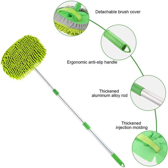Chenille Wasborstel - Microvezel Mop - Auto Wassen - Telescopische Steel - 60-118 cm - Groen — afbeelding 3