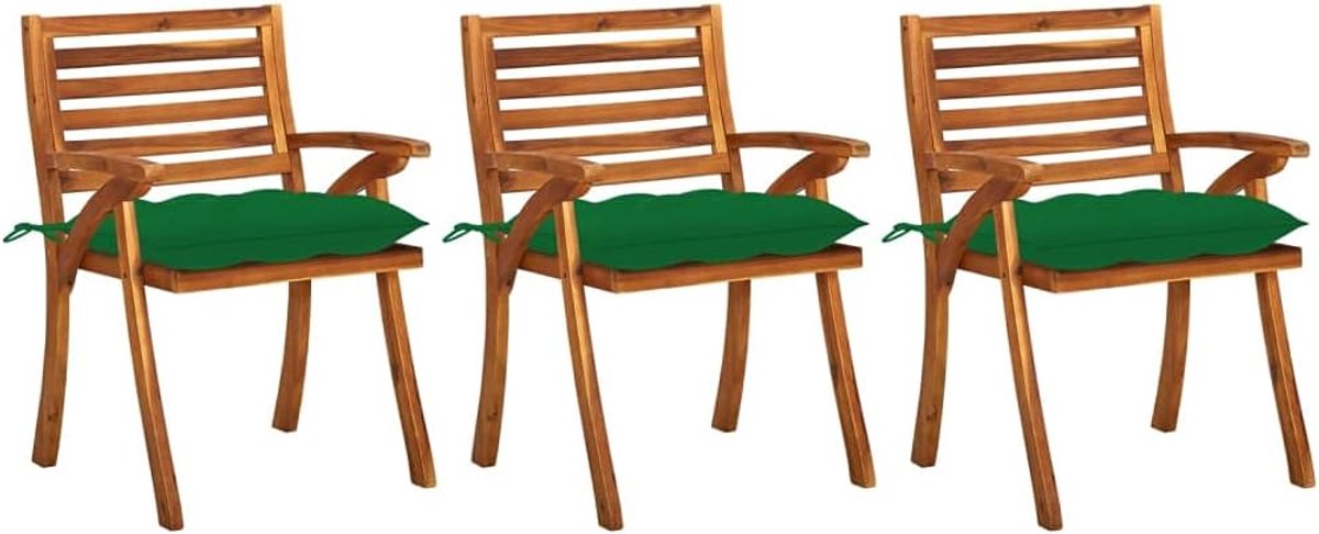 Tuinstoelen met kussen, 3 stuks, massief acaciahout, tafelstoelen met terraskussens, belastbaar tot 110 kg per zithoek