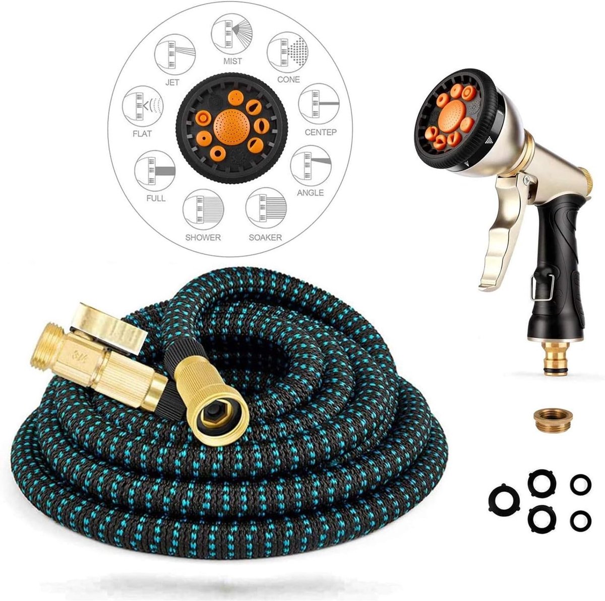 Tuinslang, 100% Metaal spuitpistoolmet volledige messing mondstuk, Verstelbaar Watering Patroon, Perfect voor auto & huisdier wassen/Watering gazon en tuin (25FT+waterslang mondstuk met 9 functies)