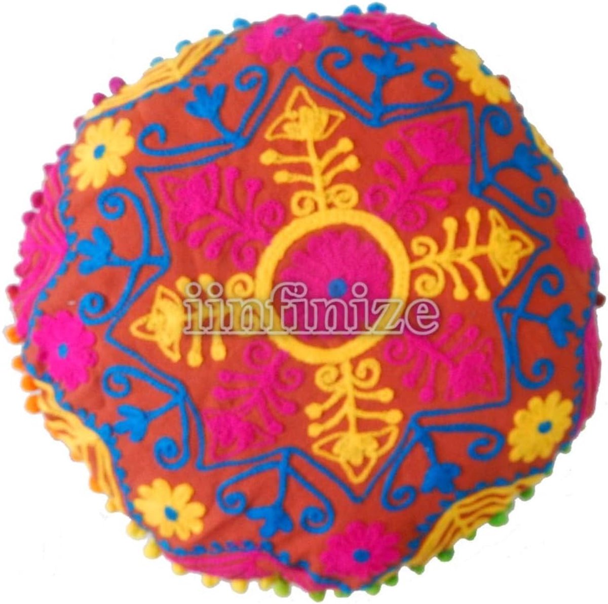 Kussen 16x16 Inch - Geborduurd Suzani - Kleurrijke Pom Pom - Perfect voor je interieur - SnelShoppen