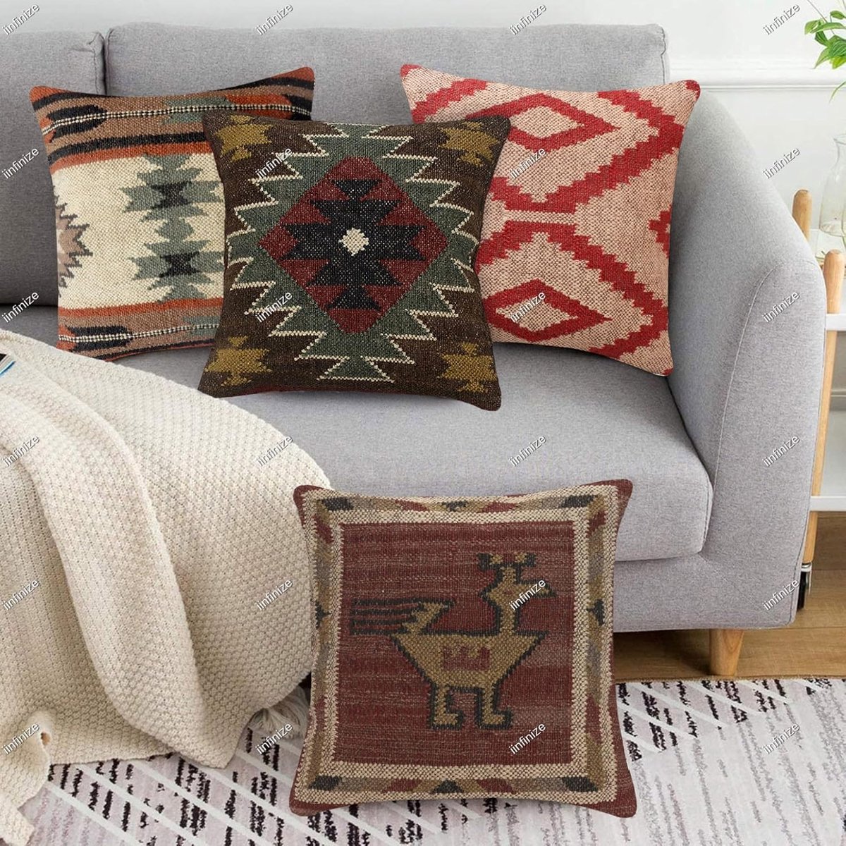 Kussenhoes 45x45 cm - Handgeweven Wol-Jute - Kilim Ontwerp - Decoratief voor binnen - SnelShoppen
