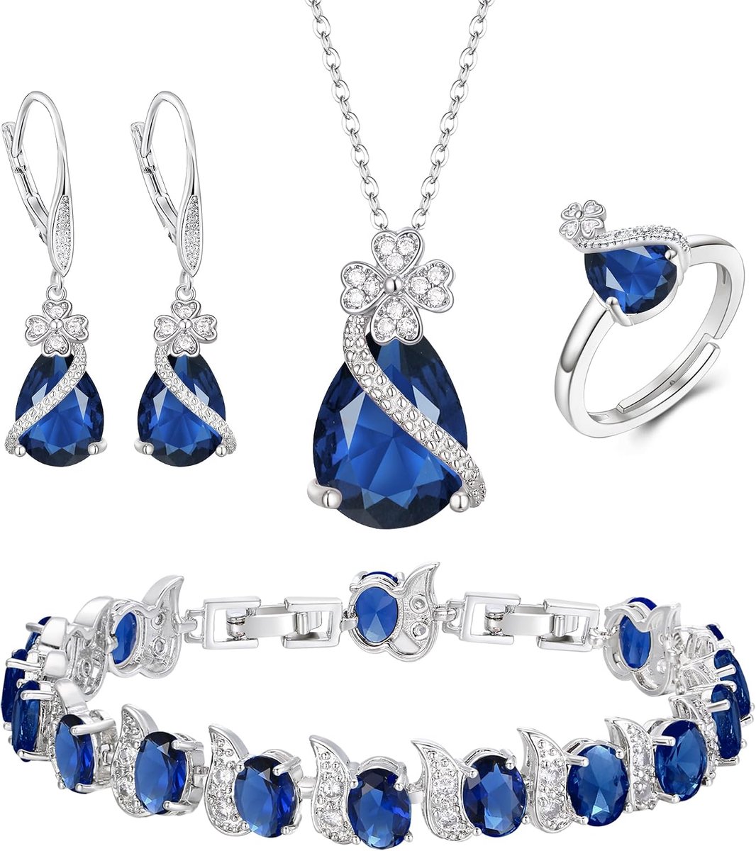 4 stuks klaversieraden set peervormige kubische zirkonia halsketting oorbellen tennisarmband ringensets formele sieraden cadeau voor dames