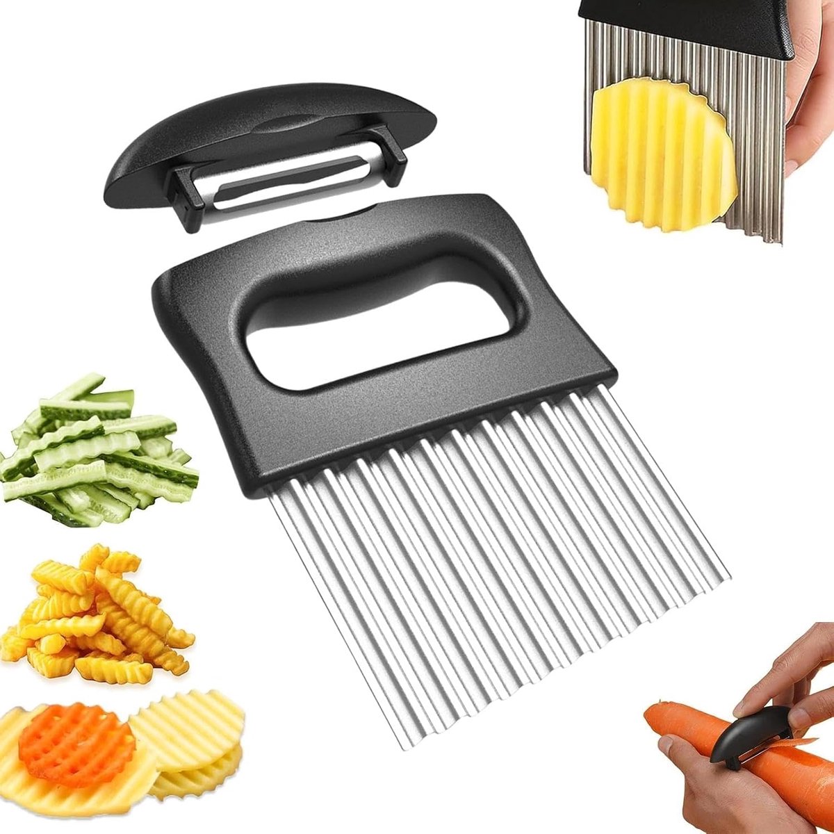 2-in-1 golfsnijder, groente, ribbelmes, golfsnijder met handgreep, handgreep met ingebouwde dunschiller, voor het snijden van friet, aardappelen, fruit