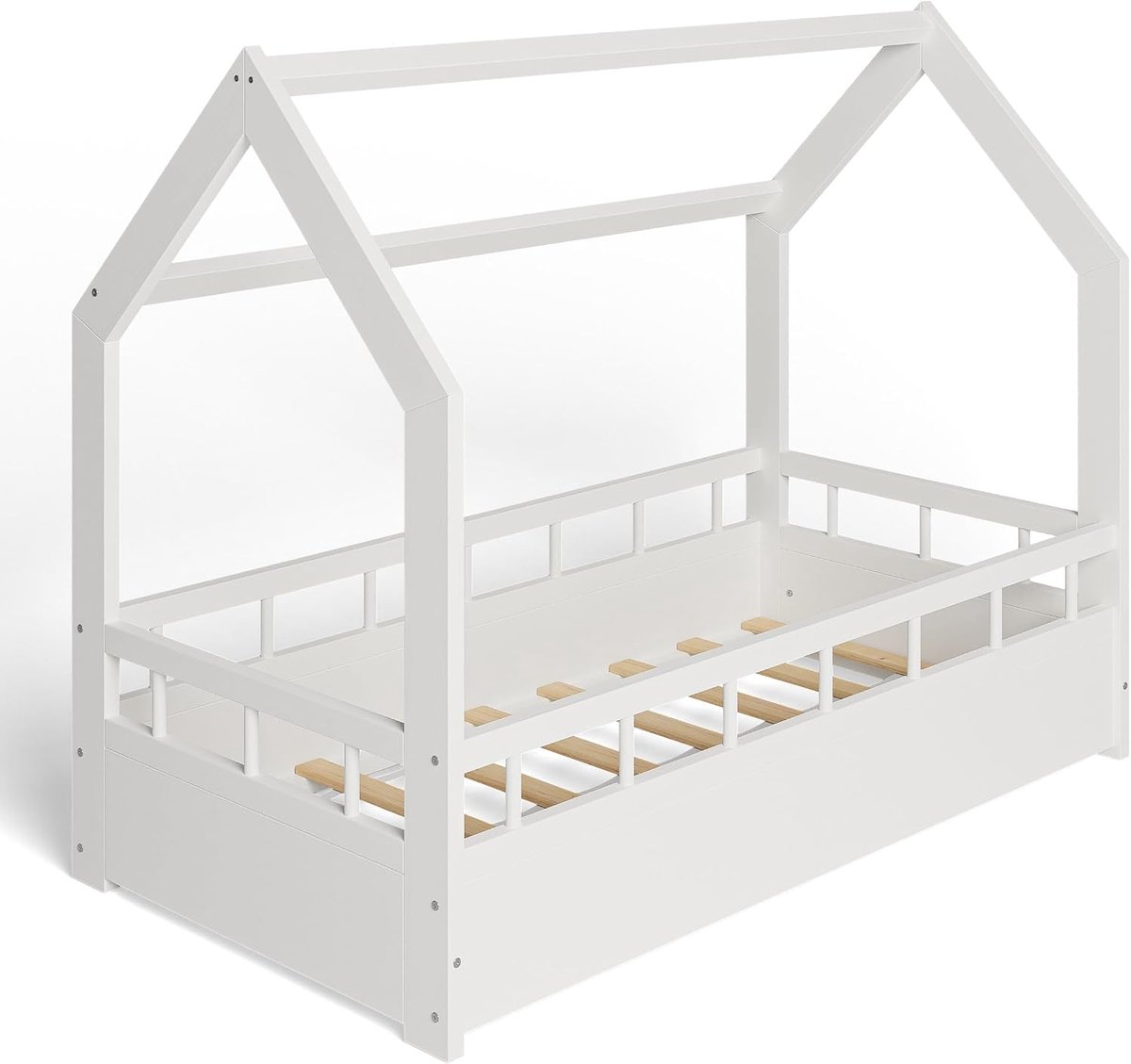 Huisbed 70x140 cm - Kinderbed met valbeveiliging - Dennenhouten bed met lattenbodem - Barrière Wit