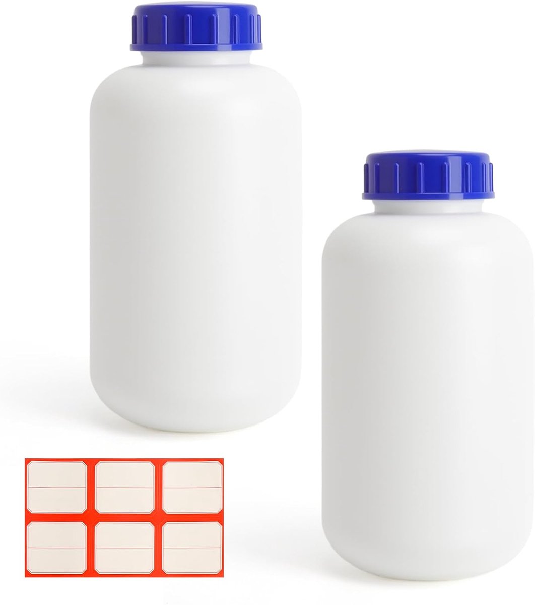 2 stuks 1000 ml wijdhalsfles laboratoriumfles HDPE kunststof fles met schroefdop lekvrij voedselveilig met etiket voor keuken laboratorium werkplaats