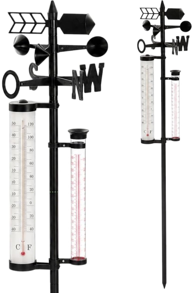 Weerstation voor de tuin, 150 cm, outdoor | Weerstaaf met thermometer, regenmeter en windrichtingsweergave van ijzer en PP
