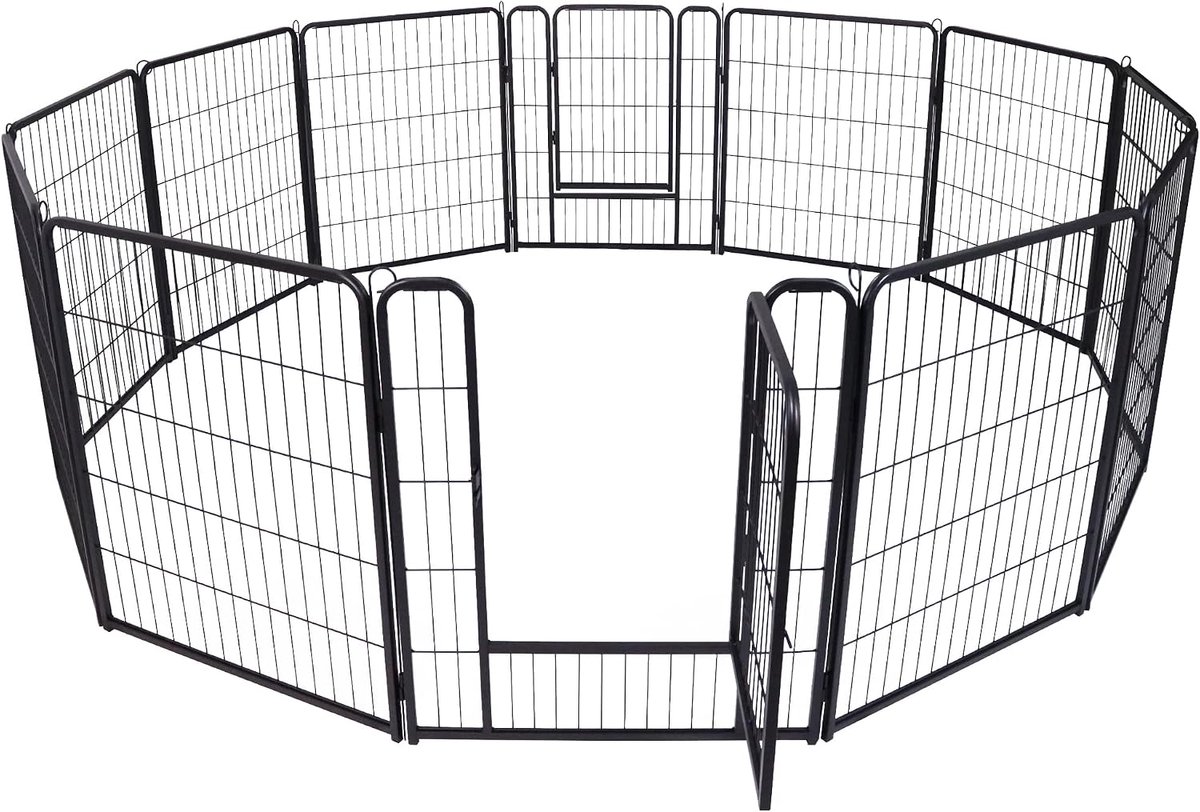 12-delig Welpenloophok Vrijloophok Hondenloophok 80 cm hoog, Welpenuitlaat met 2 deuren & 11x Grondnagels, flexibel en opvouwbaar, Welpenraster voor binnen & tuin
