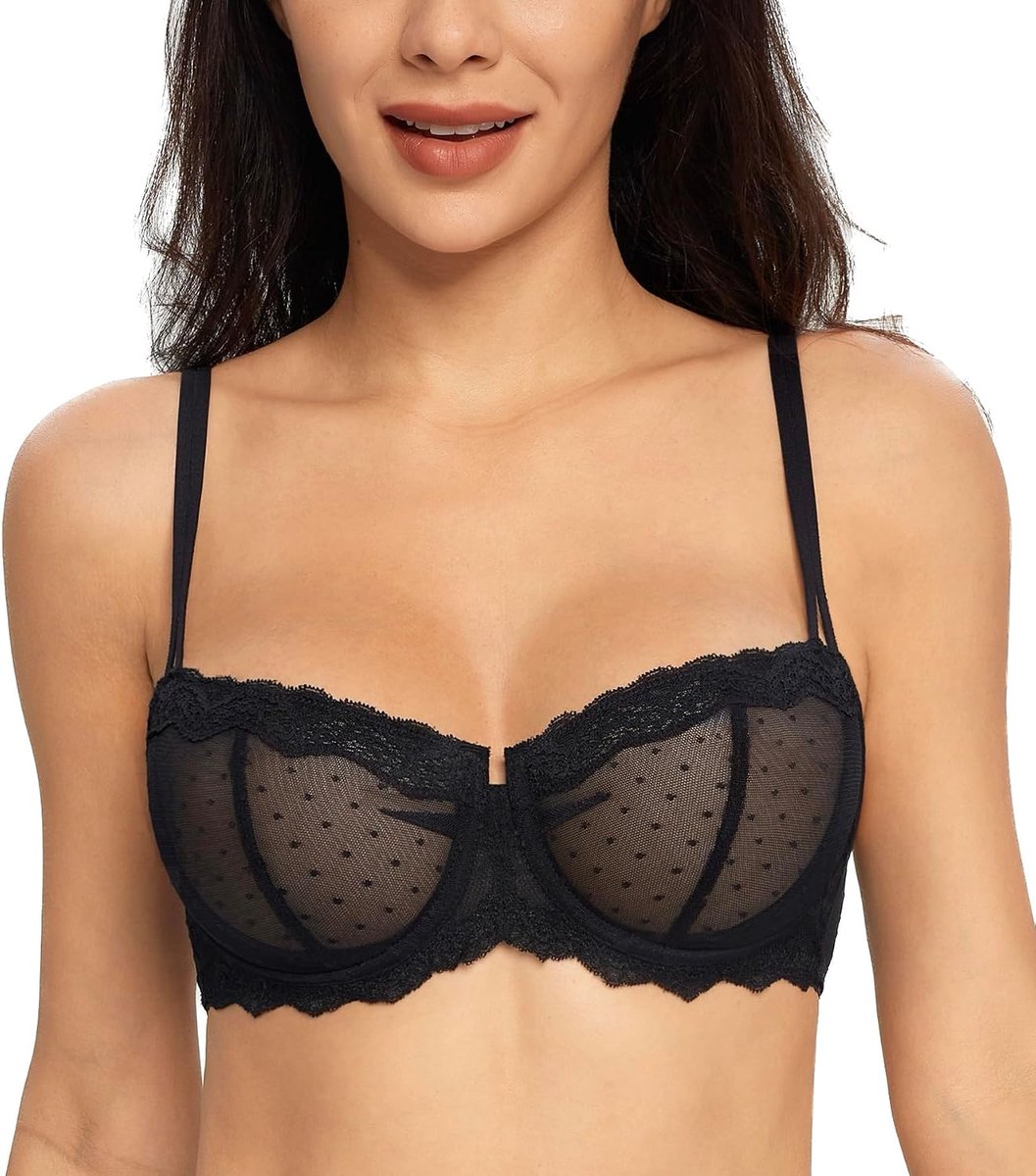 - Sexy damesbeha van kant, halve cup, balconino met beugel van semi-transparant net, zonder push-up-vulling, Zwart, 80C