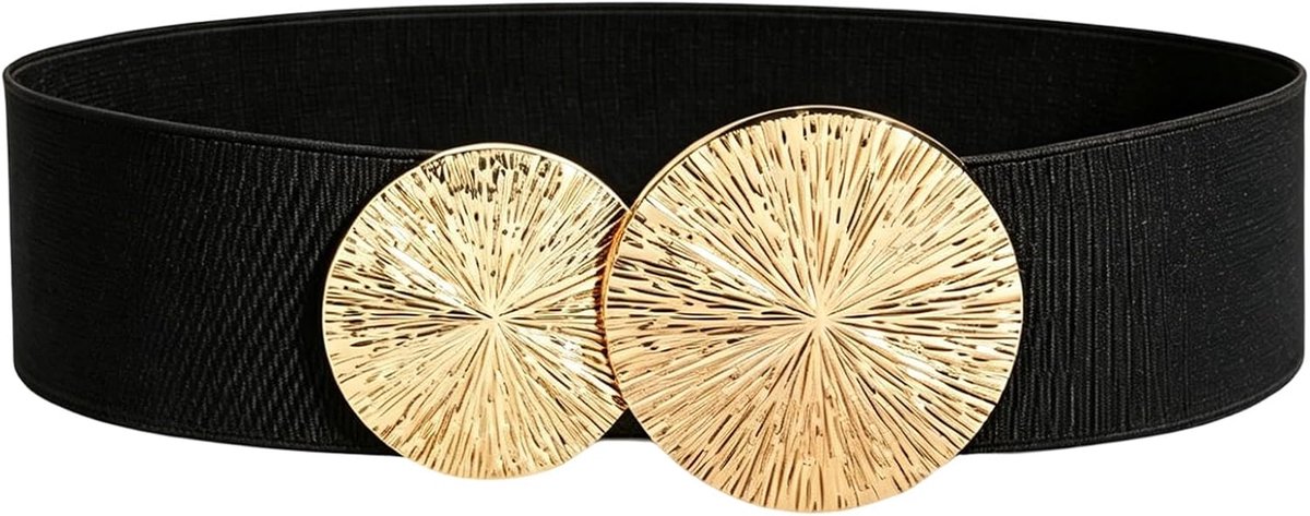 Brede elastische damesriem, 6 cm, met dubbele goudkleurige gesp, voor jurk, rok en jas, zwart, 94 cm