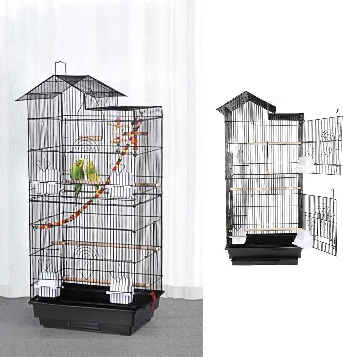 Vogelkooi voor binnen en buiten, vogelkooi met handvat, volière voor papegaai/parki/kanarie/parakeet/elegante valkparkiet, vink, dakstijl (zwart, 46 × 36 × 99 cm)