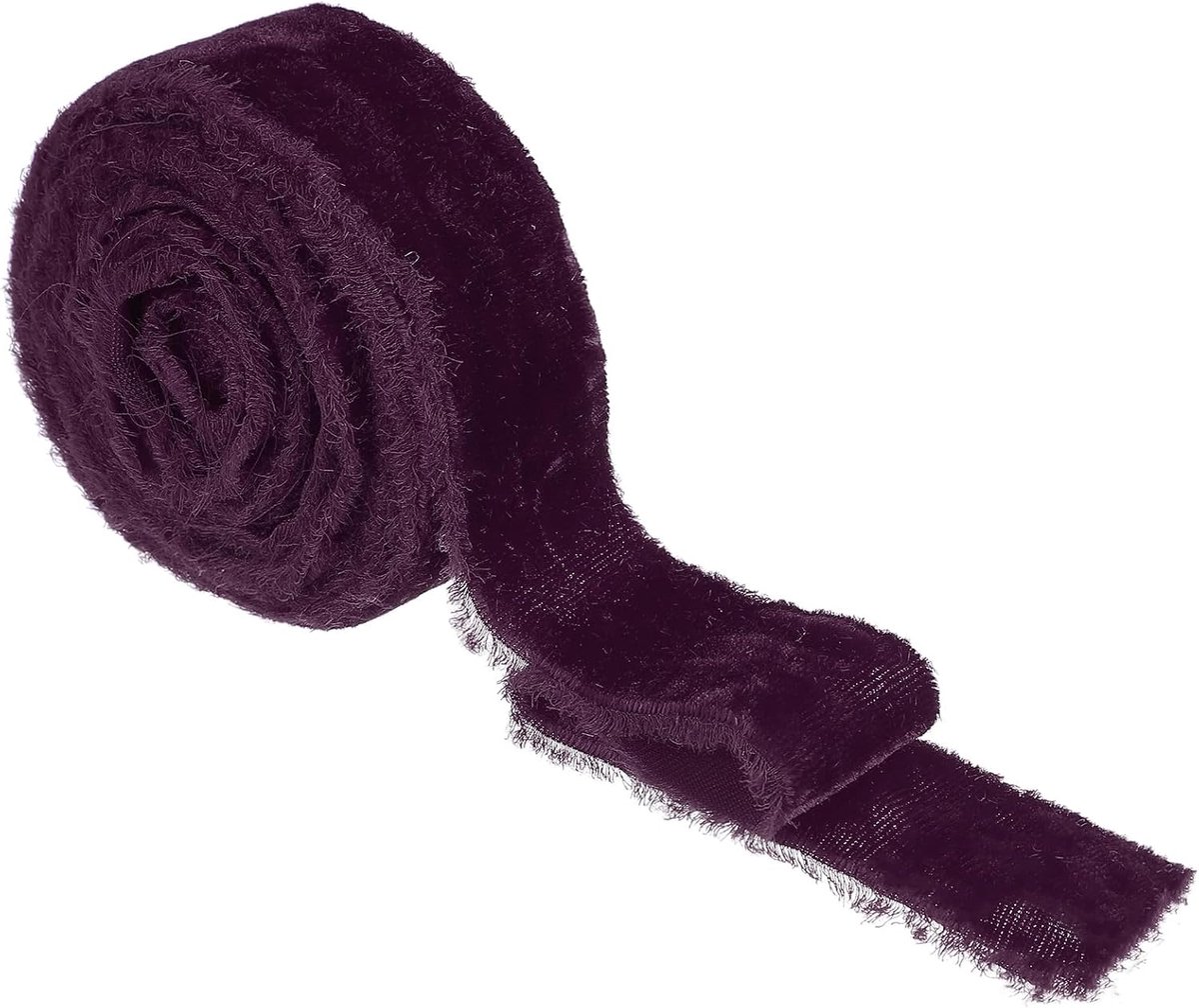 Fluwelen lint, 3,5 cm x 15 cm breed, handgemaakt, gerafelde ruwe rand, dikke franjeslint met brede franjes, stoffen linten voor geschenkverpakking, bruiloftsboeket, kerstdecoratie, donkerpaars