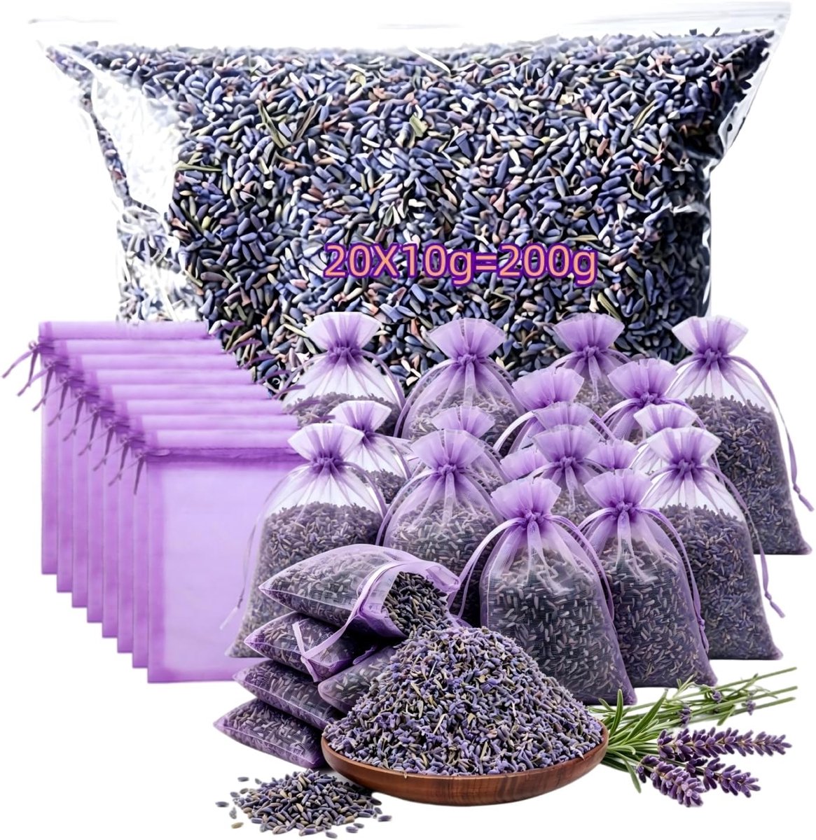 Thijox - 200g Gedroogde Lavendelbloemen - 20 Geurzakjes voor Kledingkast, Auto en Slaapkamer - Ruimtgeur Lavendelzakjes voor Thuisgebruik
