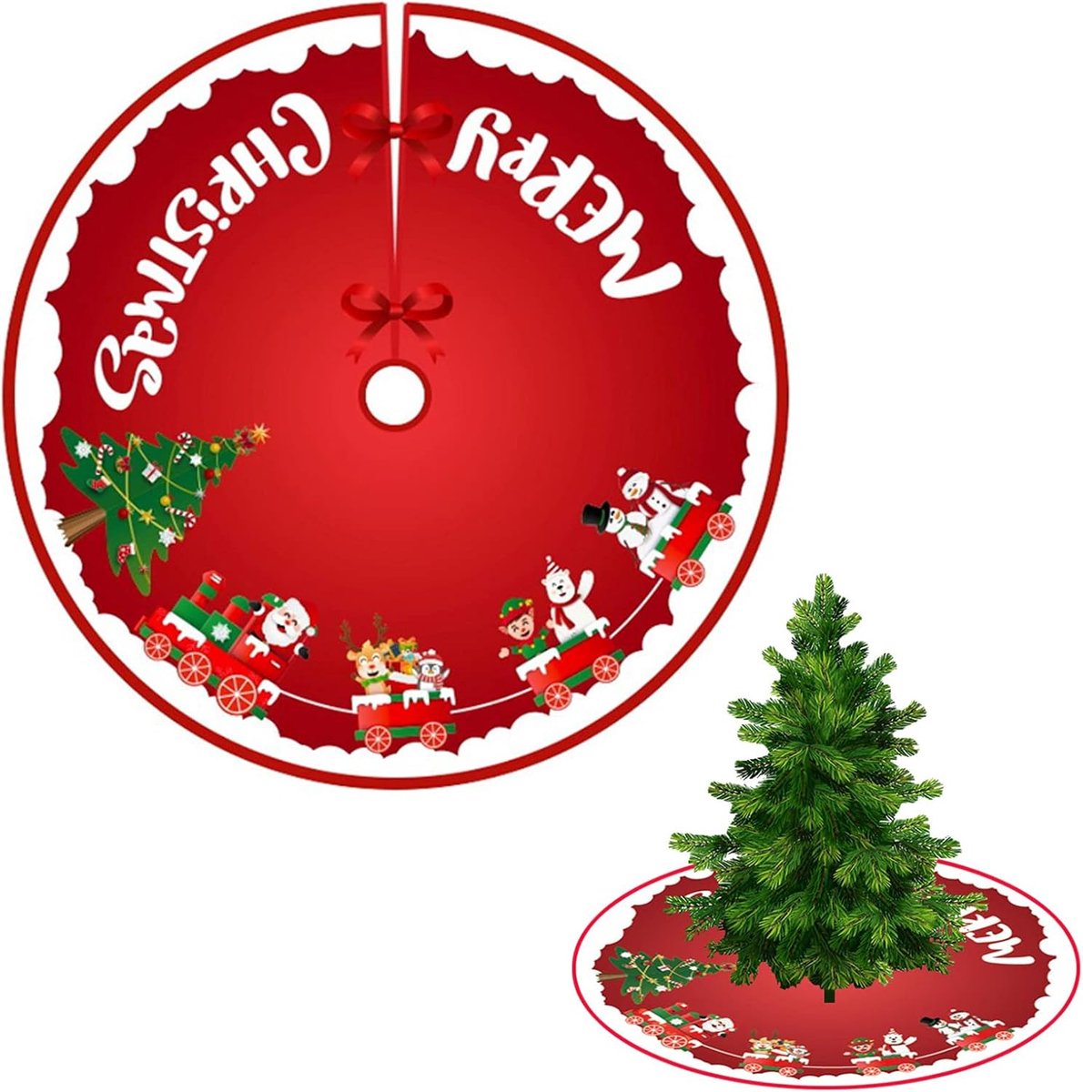 Kerstboomrok 90 cm - Polyester - Santa Claus en sneeuwman patroon - Creëer een feestelijke sfeer - ShopVlot