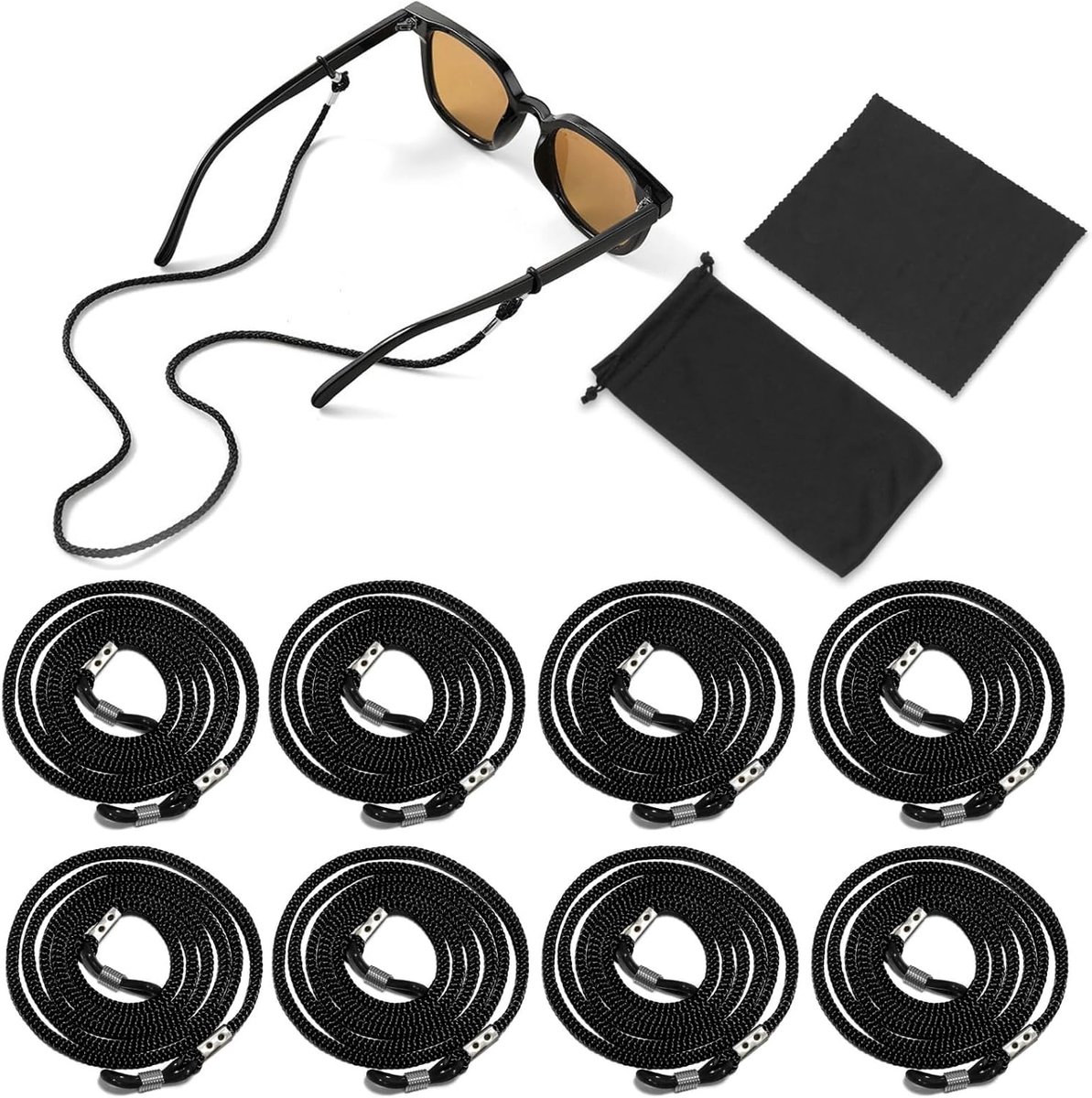 Brilkoord pack van 8 - zwarte nylon brillenband - verstelbaar - ideaal voor sport en buitenactiviteiten - ShopVlot