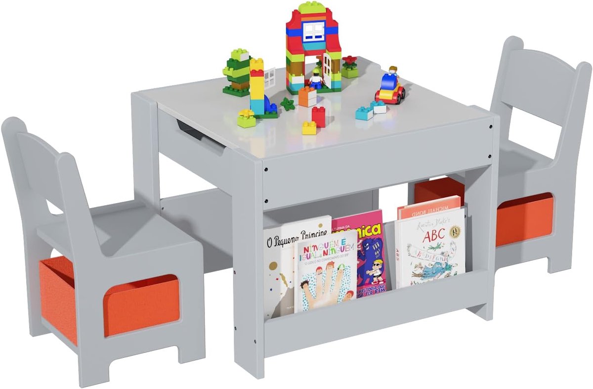 Triumpunpre - Kindertafel Houten 4-in-1 en stoelset - planken, laden en 2 stoelen - voor knutselen, tekenen en spelen in kinderkamer - Grijs