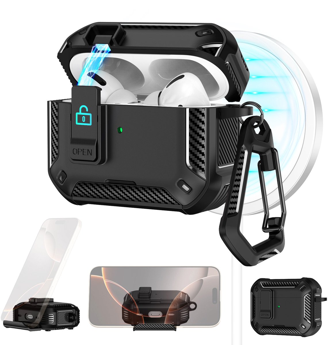 Beschermhoes – Pop-top oordopjeshoes – Geschikt voor AirPods 4 (magnetische standaard) – Oordopjeshoes – Multifunctioneel – Zwart