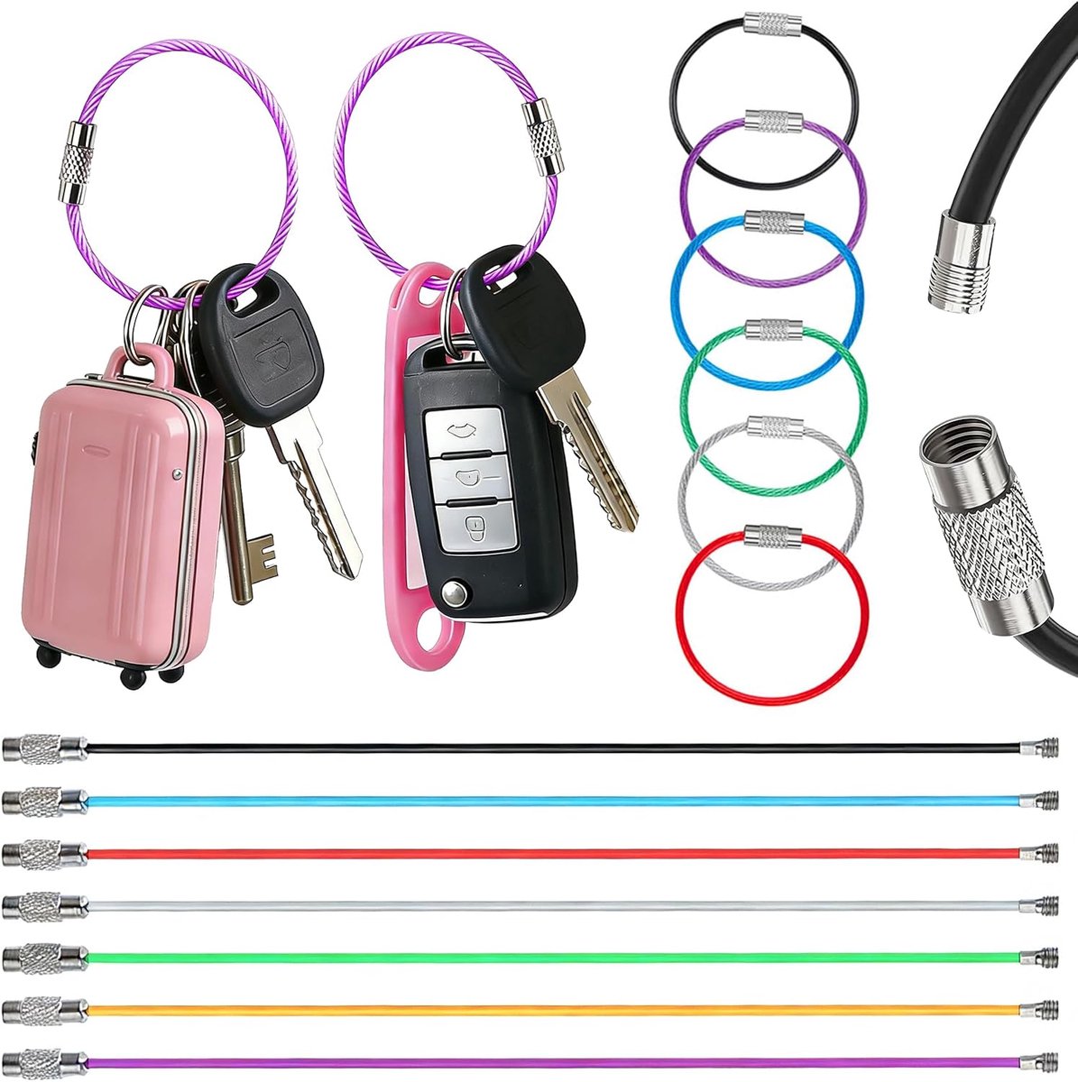 Sleutelhanger kabelring 63 stuks - Rvs gekleurd - Met twist-lock - Ideaal voor bagagetags en ID-tags - ShopVlot