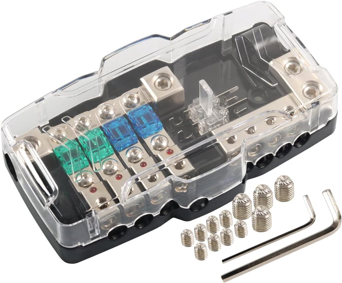 Auto-audio-stereo verdeling, zekeringhouder met bodem, negatief, mini ANL-zekeringkast, verdeling 0 / 4 ga, 4 vaks, zekeringkasten, 30 A, 60 A, 80 amp, rode LED-display