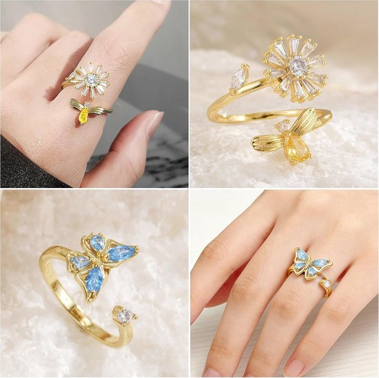 Ring voor Vrouwen Gouden Fidget Ring voor Tiener Meisjes Verstelbare Open Spinner Ringen voor Angst Vrouwen Dochter, Vlinder Maan Ster Zonnebloem Bij Kristal Ringen voor Kerstmis Moederdag Gift — afbeelding 4
