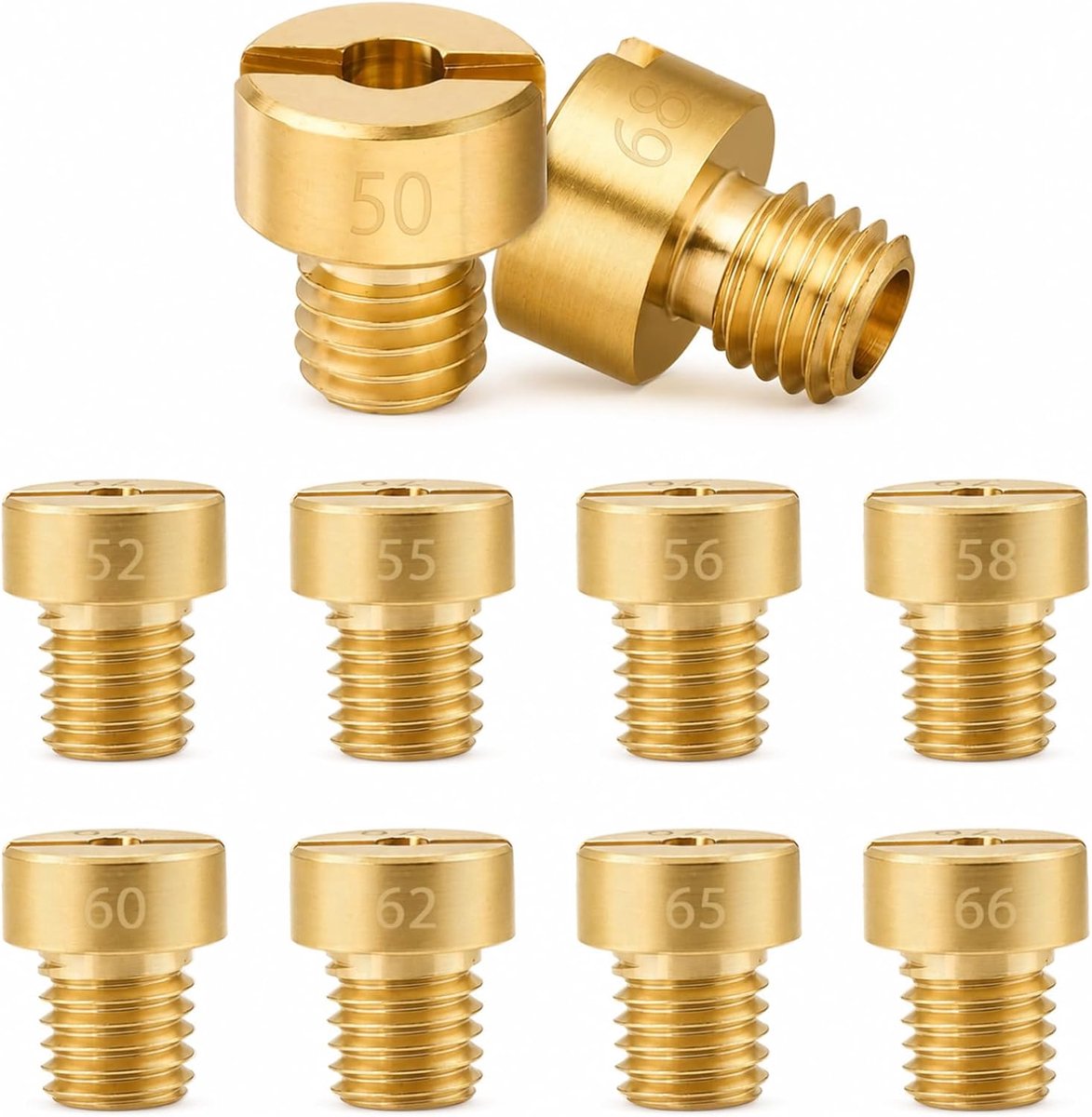 Sproeiers – 7×8 mm, M5x0.75 schroefdraad, maten #50#52#55#56#58#60#62#65#66#68 – Compatibel met PHBG, PHVA, SHA carburateurs (set van 10)