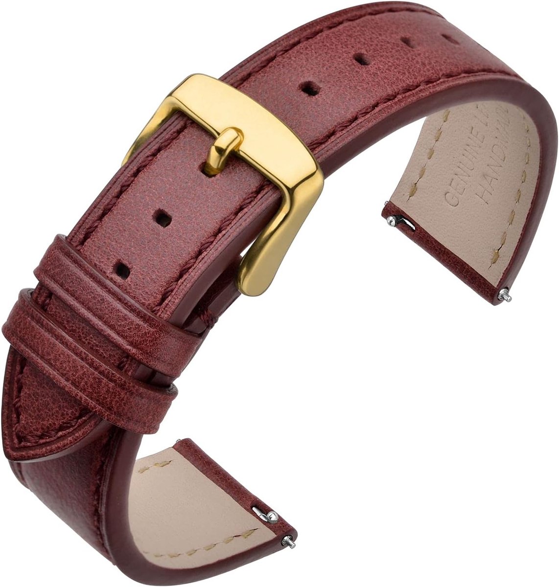 Horlogebandje van 17 mm, 18 mm, 19 mm, 20 mm, 21 mm, 22 mm, snelsluiting, leren armband, reservearmband met roestvrijstalen metalen sluiting, Rood/Gouden Gesp, 18mm, Riemen.