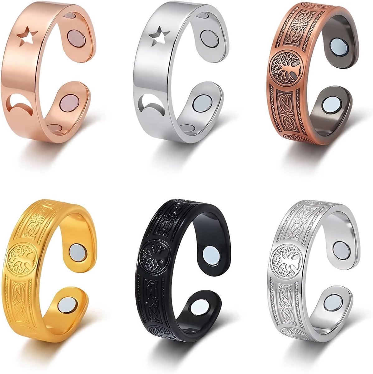 Magneetring voor dames, 6 stuks, magneetveldtherapie, verstelbare vitalring, angstgevoelens, verbetert de slaapkwaliteit, hypoallergeen, roestvrij staal, cadeau voor vrouwen, heren en dames (ster en