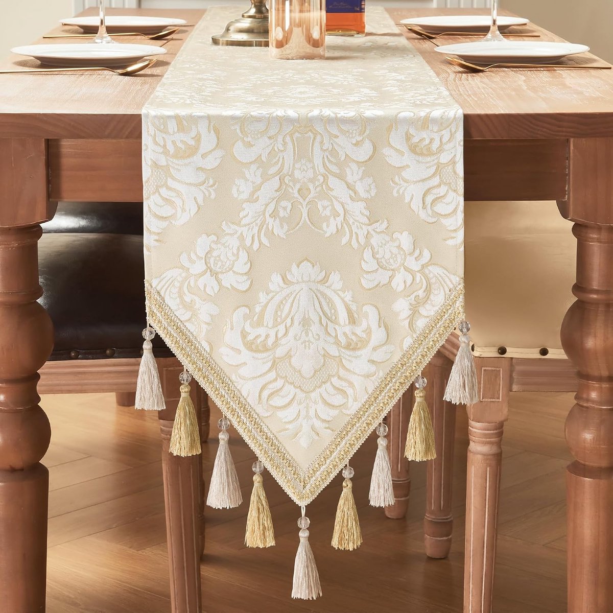 Tafelloper met Kwastjes, Dubbellaags Damast Tafelkleed voor Eettafel/ Eetkamer/ Restaurant/ Festivaldecoratie (33x228 cm, Beige & Wit)