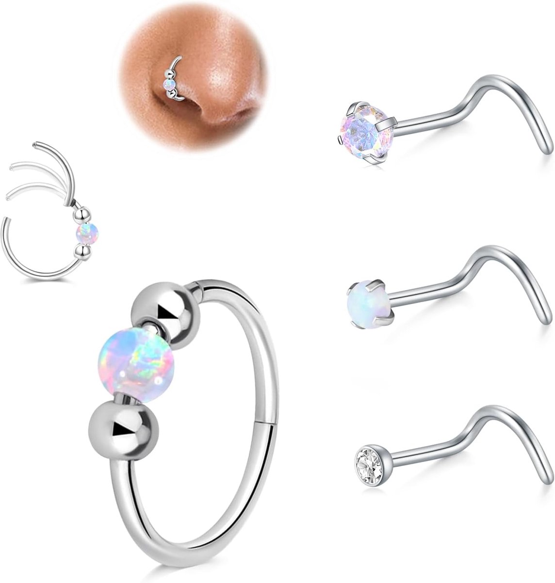 Neuspiercing, set van 4 stuks, 18 g, 20 g, ringd clicker, segment, neusring, chirurgisch staal, L-vorm, spiraal, opaal, CZ ringen, neusstud