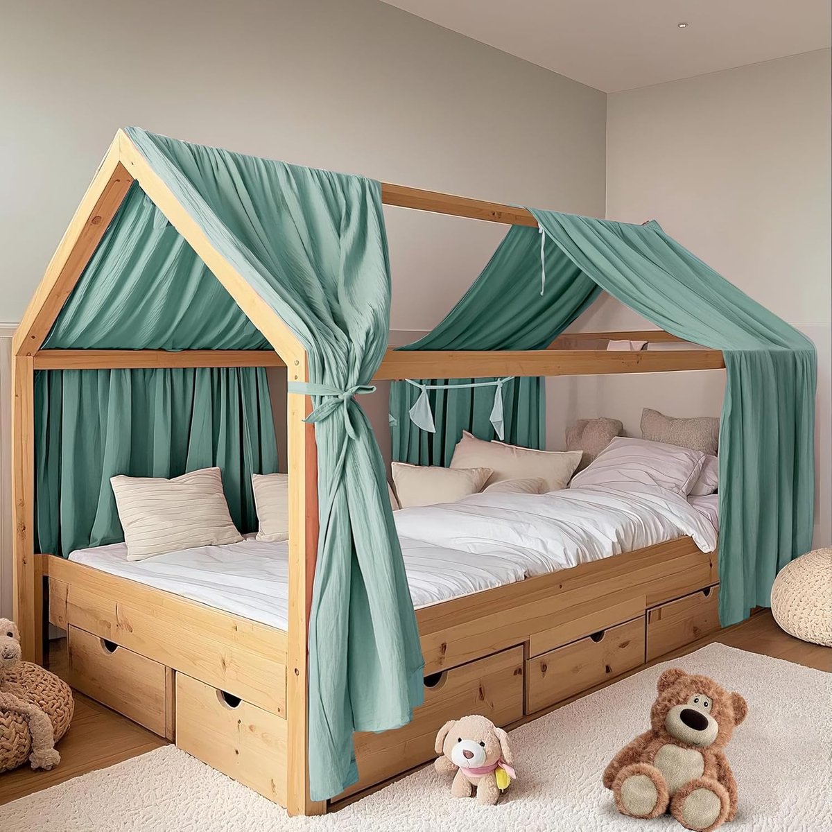 Set van 2 handgemaakte bedbiezen van 100% katoen mousseline, voor beddecoratie in huis, voor meisjes en jongens, set van 2, 65 x 270 cm, eucalyptus