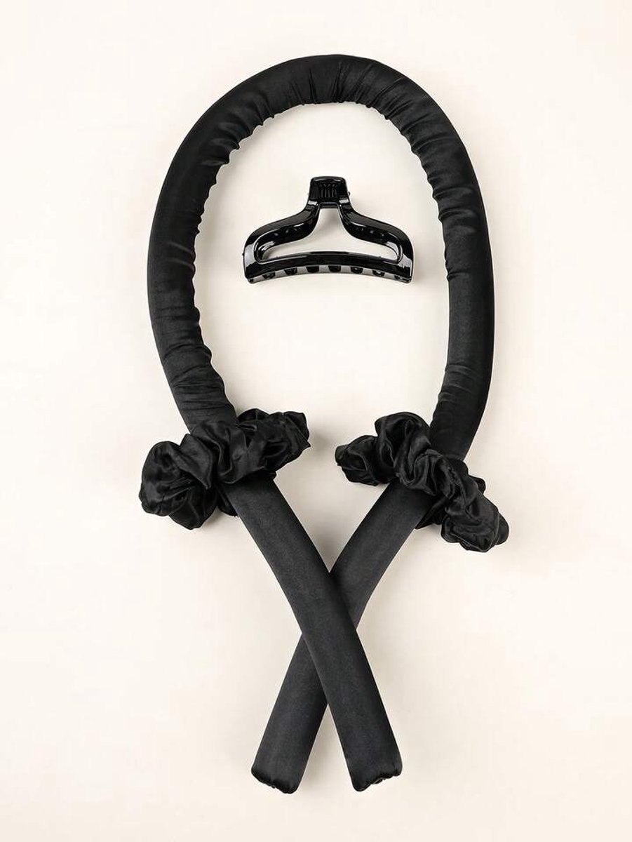 Heatless curls - Krullen zonder hitte - Curling ribbon - Krullen tijdens slapen - Overnight curls - Haarkruller - Slaapkrulset - Haarroller - Inclusief 2 scrunchies en clip - Satijn - Zwart - Jonyx