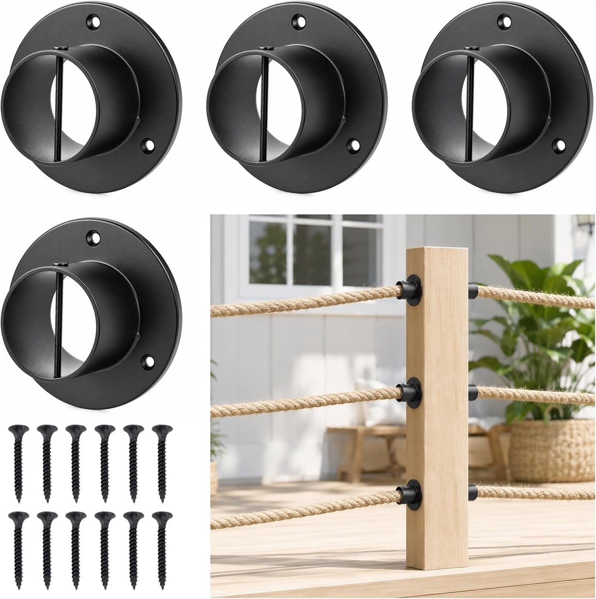 4 stuks 2 inch zwarte touwhouderset, touwhouder met kruisschroef, roestvrijstalen touwhouder, juterep, leuning, traptouw, accessoires voor hennephek, trap, reling