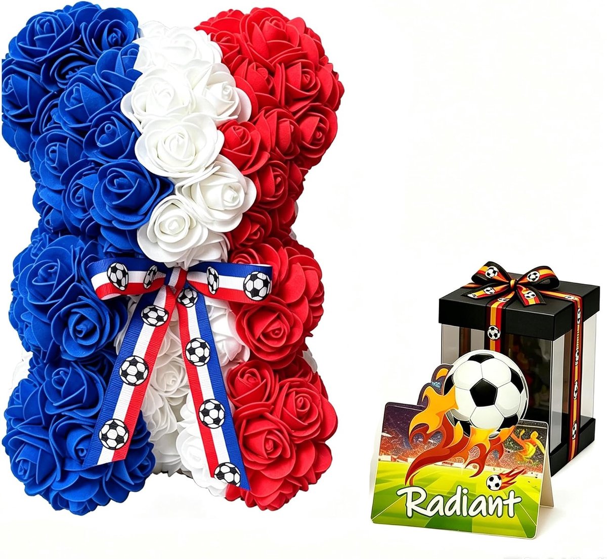 Cadeau voor voetbalfans van Frankrijk, rozenbeer met wenskaart en doos, blauw-wit-rood, bloemenbeer (26 cm), handgemaakte kunstbloemenbeer voor Franse fans, verjaardag, Valentijnsdag, jubileum