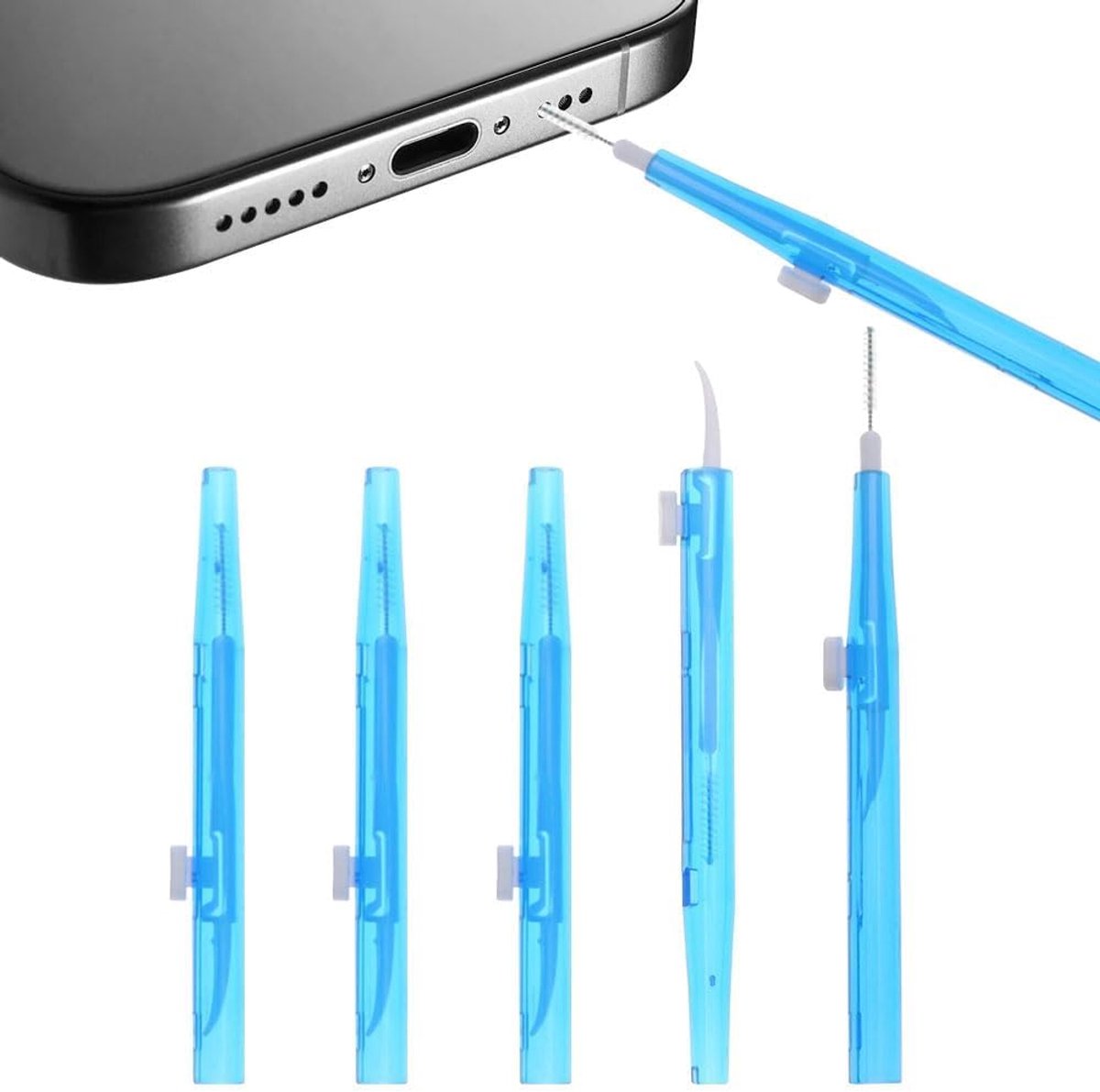 Opladen Port Cleaner, 5 stks Blauw Anti-Verstopping Opladen Poorten USB C Reinigers Borstelharen & Haak Dubbelzijdige Mini Reinigers Borstel Kit PhonePort Multifunctionele Reiniging