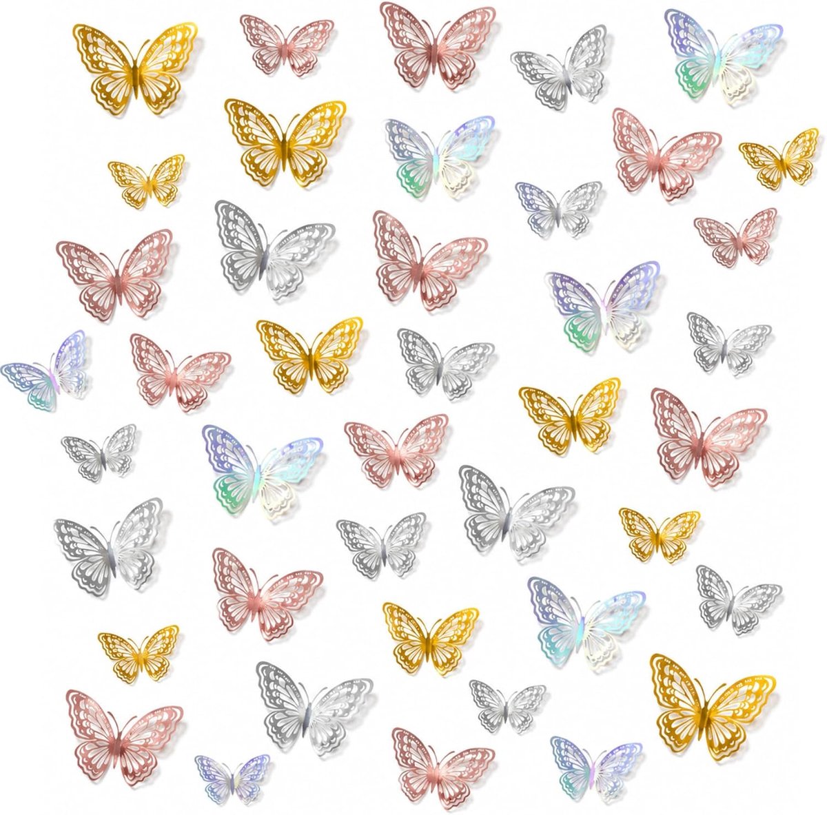 3D vlinders deco 48 stuks metallic vlinder muurstickers | Wandvlinders, roségoud, goud, zilver, voor woonkamer, kinderkamer, bruiloft, verjaardag, feestdecoratie