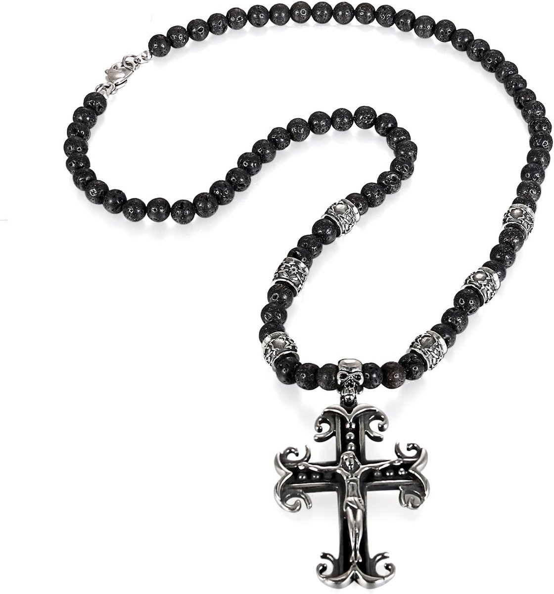 Doodskop kruis ketting heren: retro halsketting punk doodshoofd schedel kruis roestvrij staal hanger met ketting cadeau voor mannen zilver