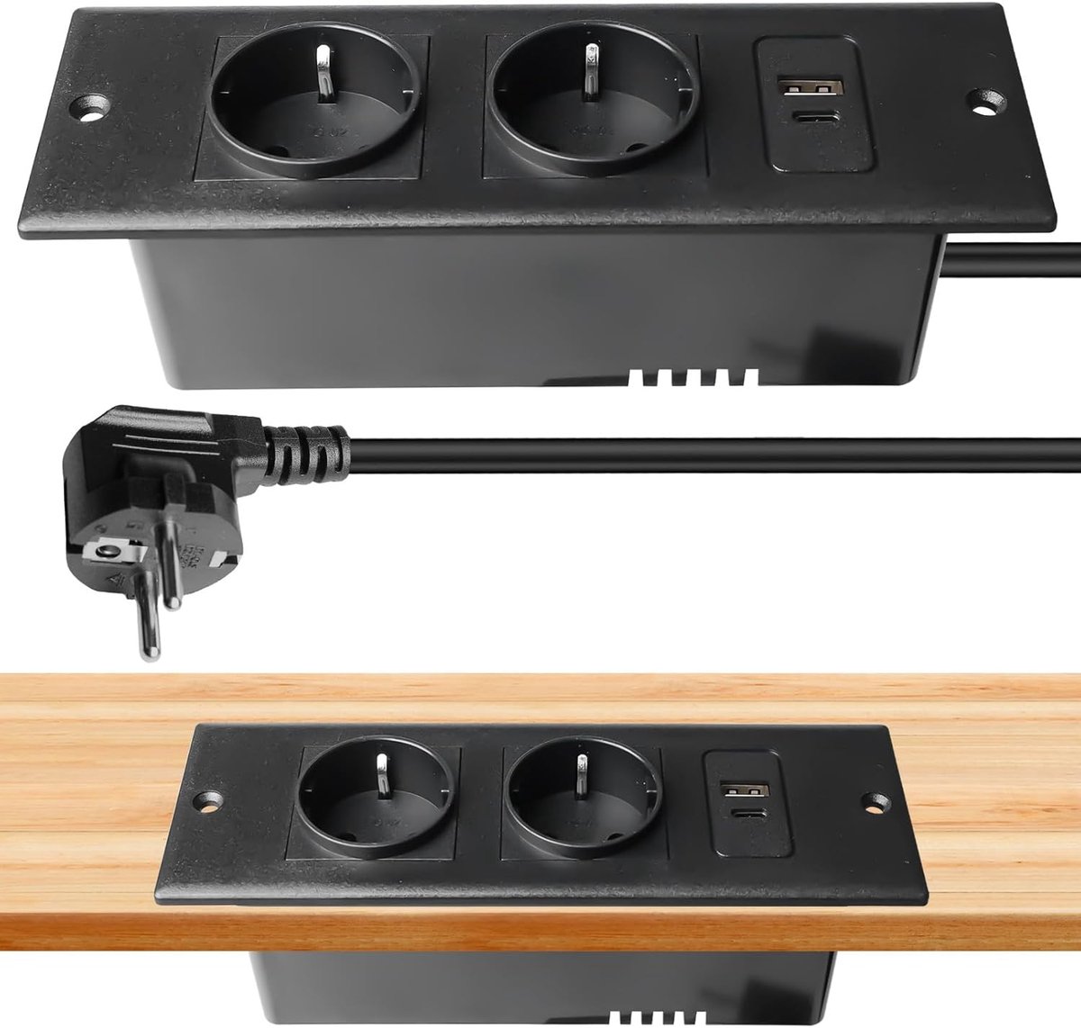 Tafelblad, verzonken stopcontact, tafelstopcontact met 2 USB C, 2-voudig inbouwstopcontact met 1,5 m kabel, tafelstopcontact, verzonken stekkerdoos voor vergadertafel, werkblad (zwart)