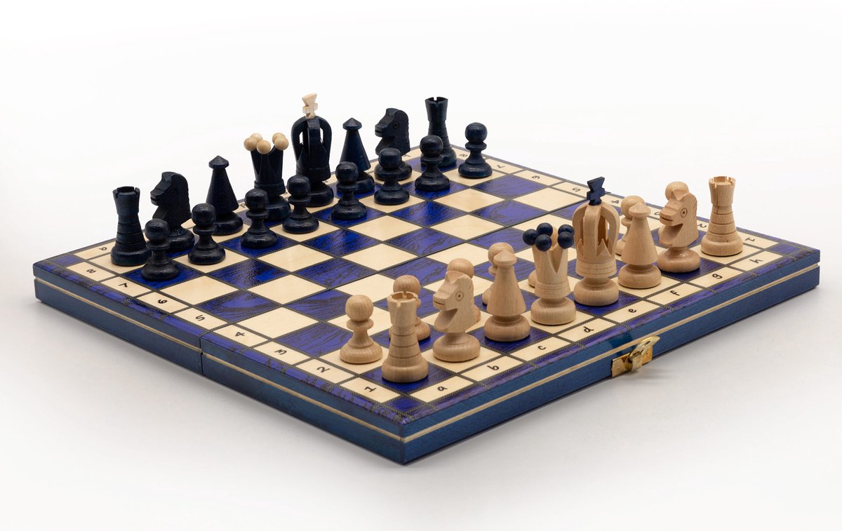 Luxe Houten Schaakset, Blauw/Eiken-Berken, Intarsia